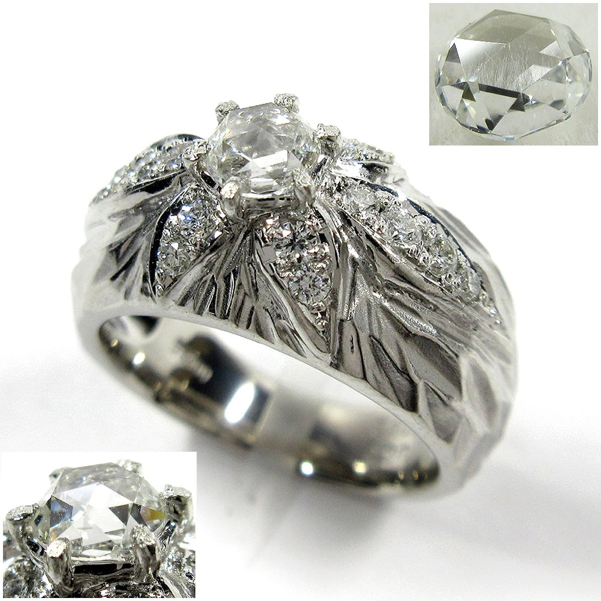 Pt900 ラウンドローズカット ダイヤモンド 彫金 デザイン プラチナ リング 8.5号 0.309ct 0.26ct 10.6g Gカラー SI-1 鑑定書付 HKJ6拍卖