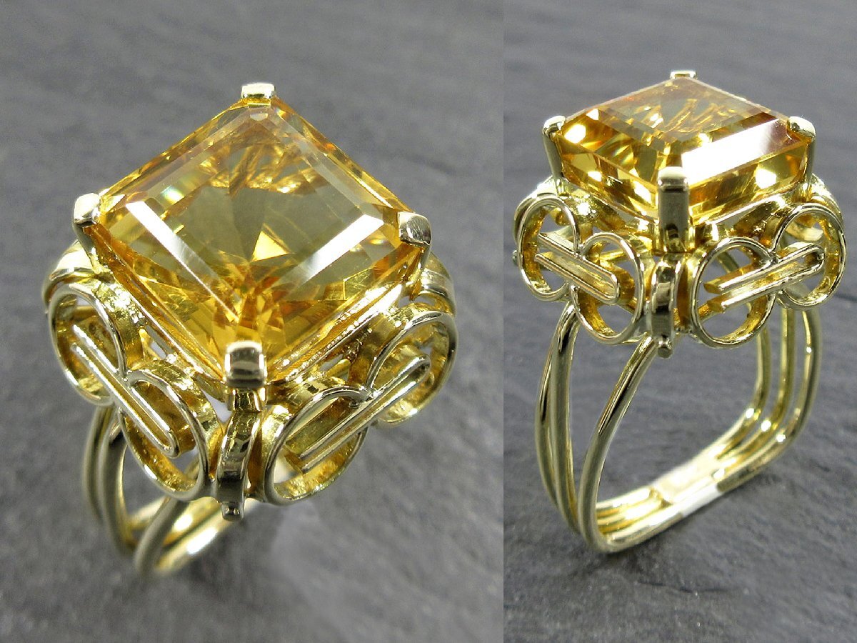 ヴィンテージ ジュエリー 18K YG スクエア ステップカット シトリン 透かし台座 イエローゴールド リング 11号 7.6g J305拍卖