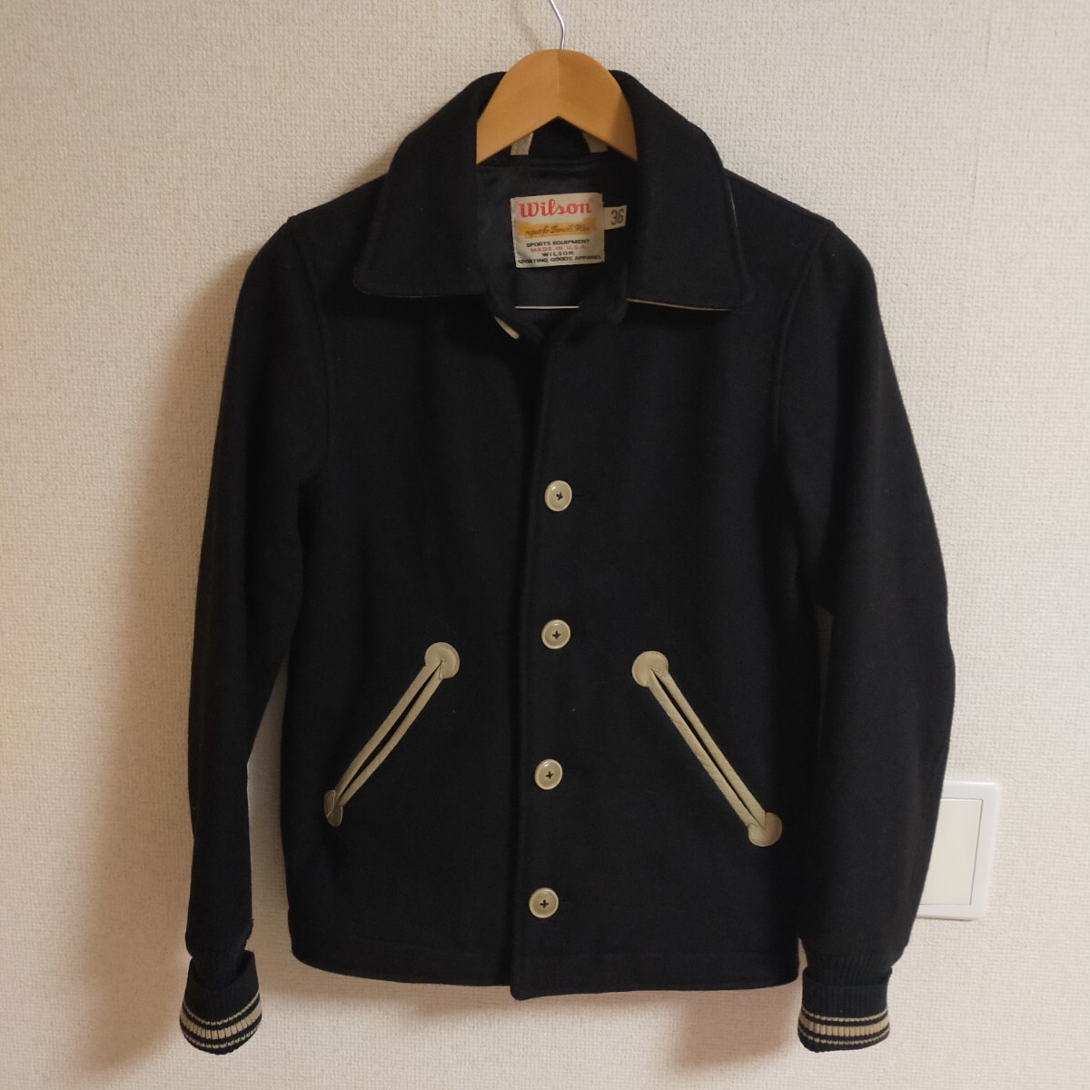 WILSON ウィルソン USA製 ウールスタジャン スポーツジャケット レザーパイピング 36(S) ブラック(黒)拍卖