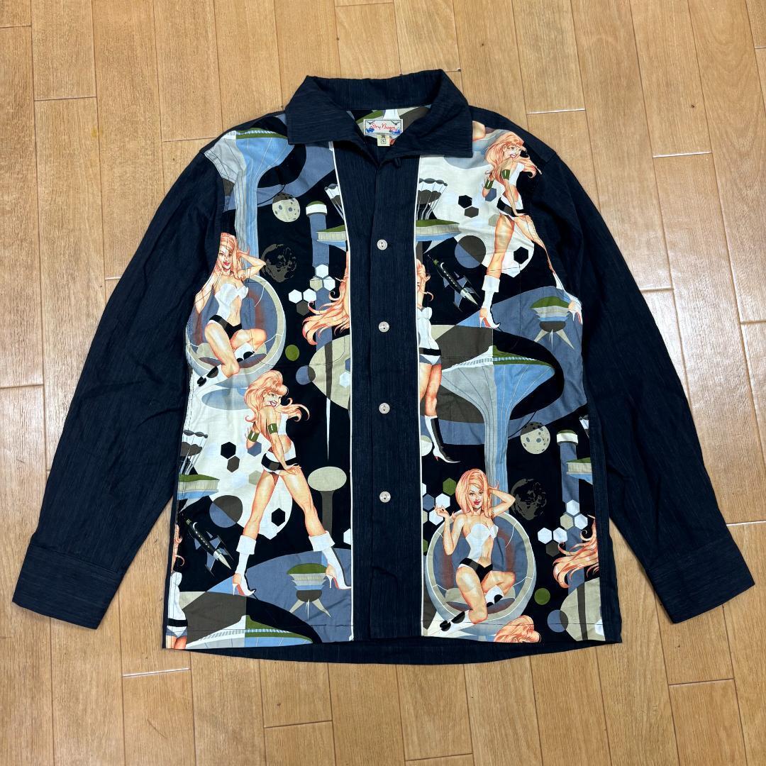 DRY BONES ドライボーンズ ピンナップガールプリントオープンカラーシャツ サイズS 開襟シャツ 両胸ポケット ナスタグ 一部補修拍卖