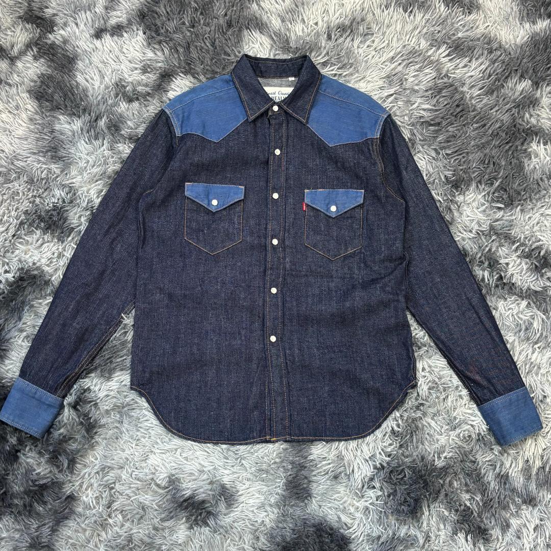 美品 REALMOON リアルムーン 生地切り返し デニムウエスタンシャツ サイズXL メンズ インディゴ アメカジ拍卖