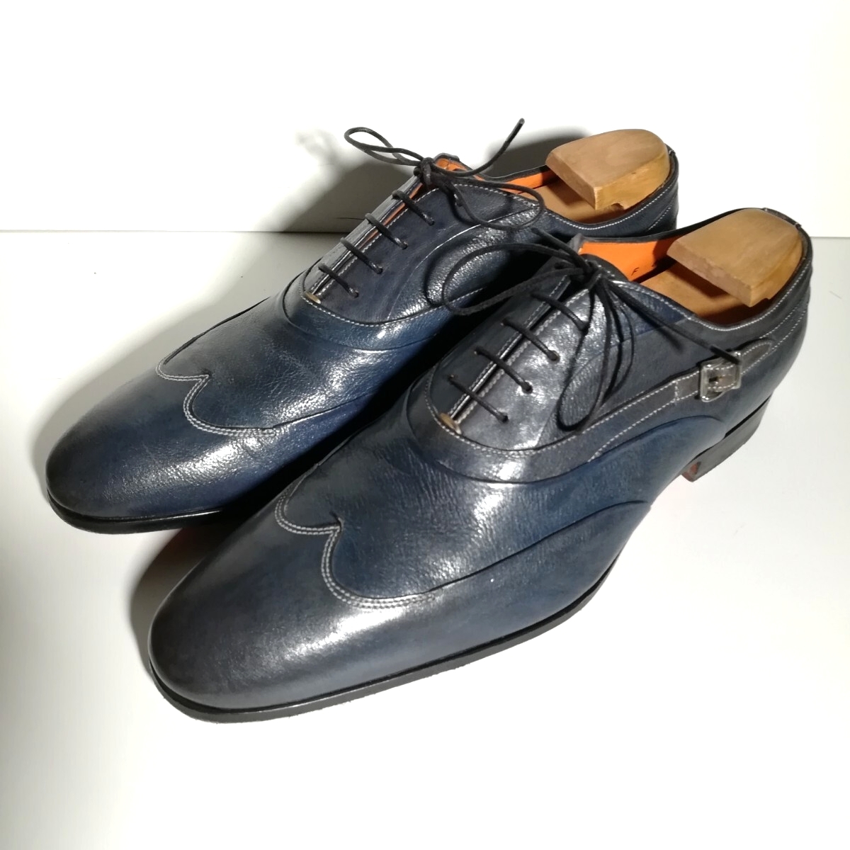 d0227 【良品】 ★サントーニ Santoni★ ウイングチップ 8 1/2 ネイビー ドレスシューズ ビジネス 高級革靴 紳士靴 本革拍卖