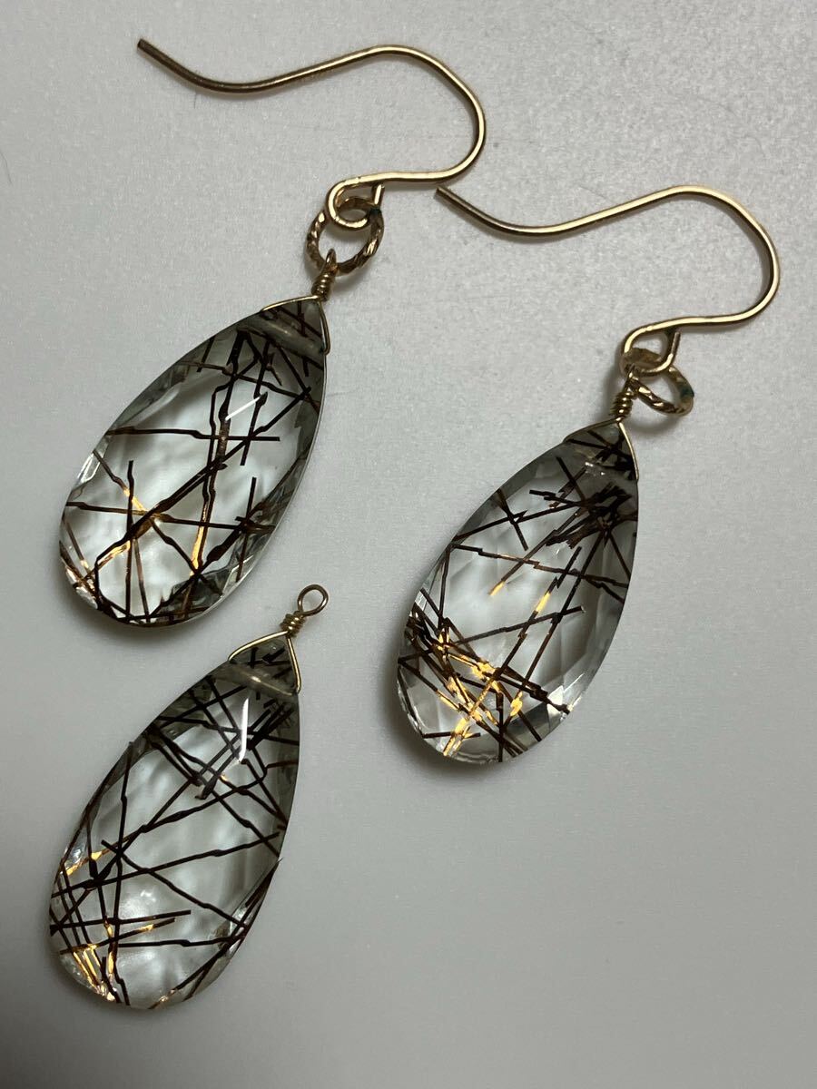 コッパールチルクォーツ ペンダントトップ ピアス セット 14kgf拍卖