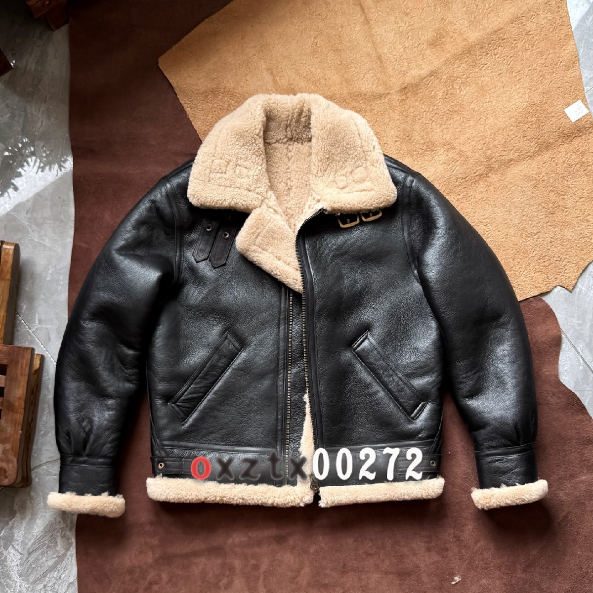 羊革本革ジャケットナチュラルな毛皮付きバイカー風ショートフライトジャケット厚手ウールファーコートLサイズ 選択可能拍卖