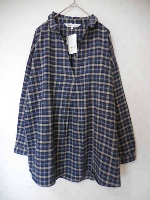 未使用タグ付 Loytaa bySM2 チェック柄 スキッパー 長袖チュニック L 紺 秋~春 @10月限定送料無料拍卖
