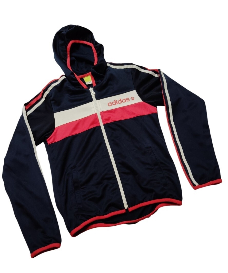 (sp112) アディダス adidas フード付きジャージジャケット S ジップアップ トラックジャケット ネイビー/赤/白 両サイドポケット 古着 拍卖