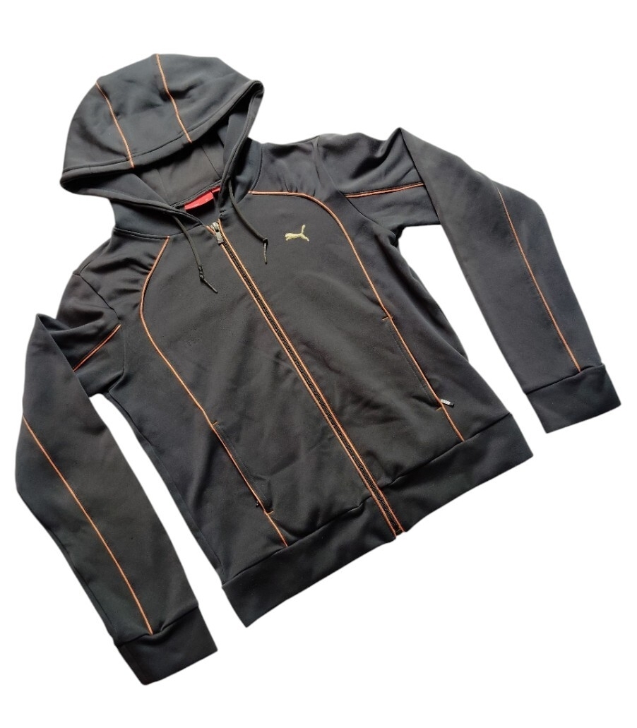 (sp127) PUMA プーマ ジップアップ フード付トラックジャケット レディース JASPO M グレー/蛍光オレンジ スポーツ 古着 匿名配送拍卖