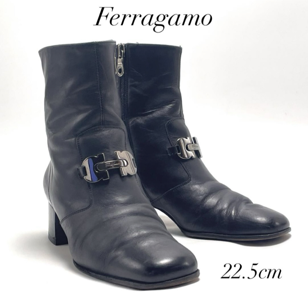Ferragamo フェラガモ ガンチーニ ショートブーツ アンクルブーツ ブラック 黒 サイドジップ サイドジッパー レザー 22.5cm レディース拍卖