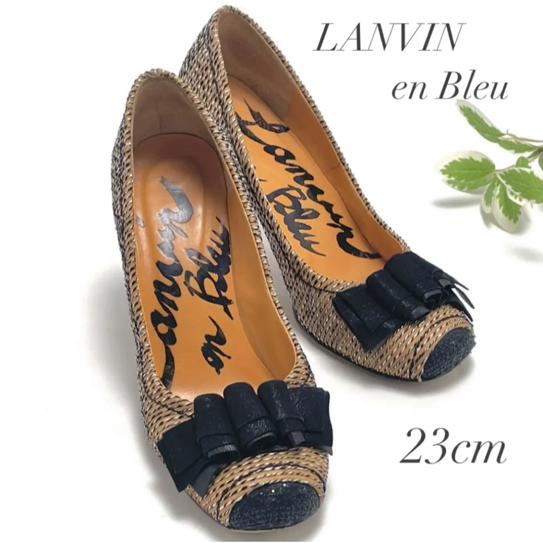 日本製 LANVIN en Bleu ランバンオンブルー パンプス 靴 ハイヒール 23㎝ レディース リボン ブラック ベージュ ロゴ ブランド拍卖