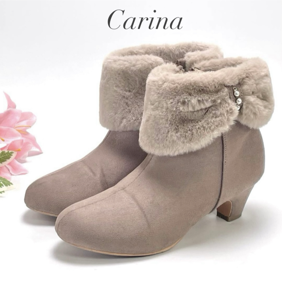 Carina ファー付き ショートブーツ Lサイズ グレージュ スエード レディース ファー パール サイドジッパー サイドファスナー サイドジップ拍卖
