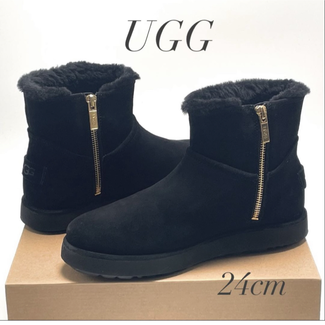 UGG アグ Classic Mini BLVD クラシック ミニ サイドジップ ファスナー ムートン ブーツ 24cm 撥水 防汚加工 ブラック 黒 レディース拍卖