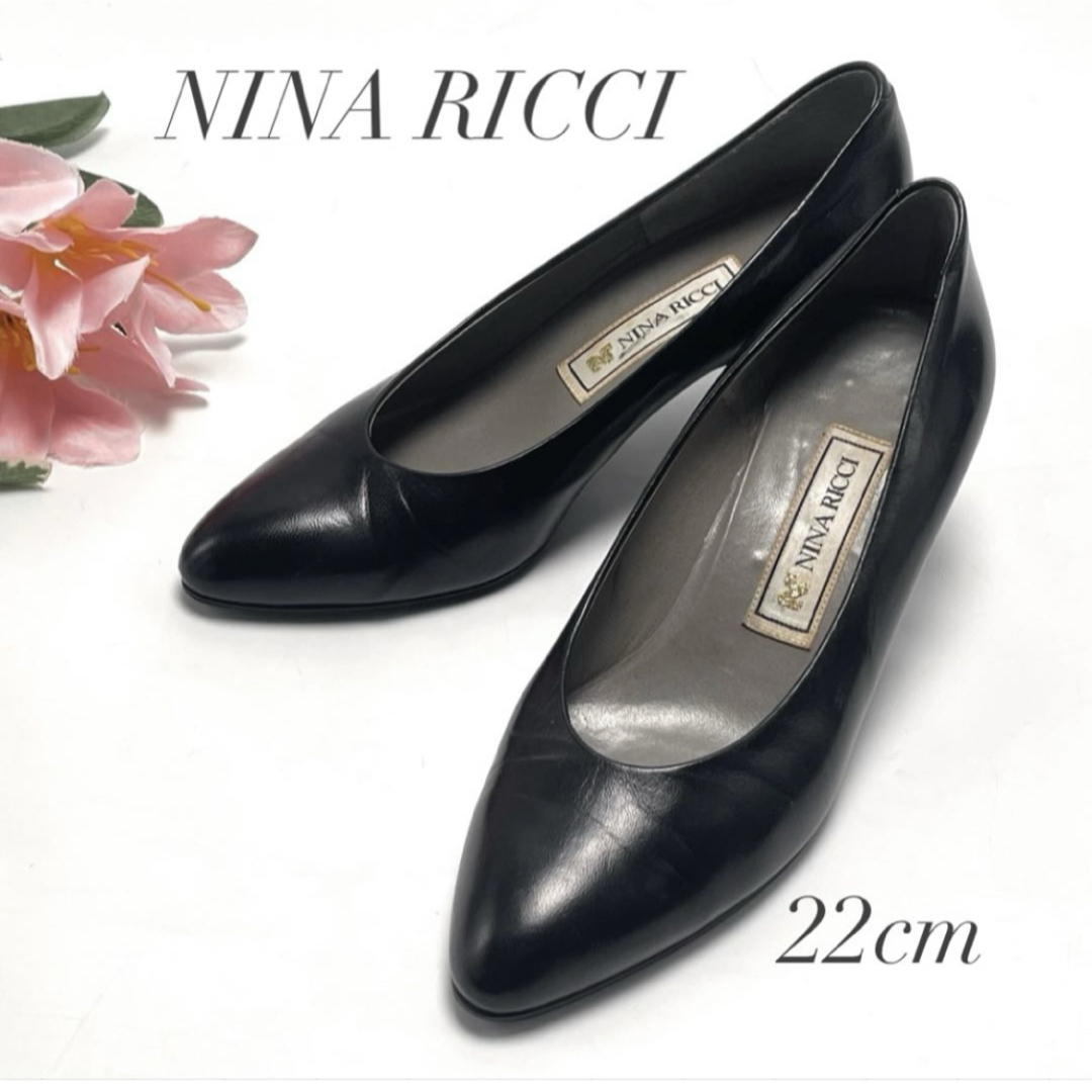 NINA RICCI ニナリッチ パンプス レザー ブラック 黒 フォーマル 冠婚葬祭 22cm レディース ポインテッドトゥ 中ヒール ミドルヒール 拍卖