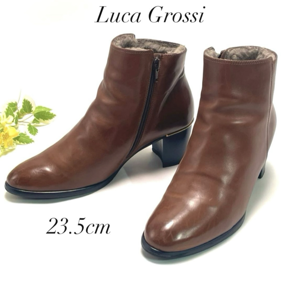 イタリア製 Luca Grossi ルカ グロッシ インナーファー メタルライン レザー ショートブーツ 23.5㎝ サイドジップ ブラウン レディース拍卖