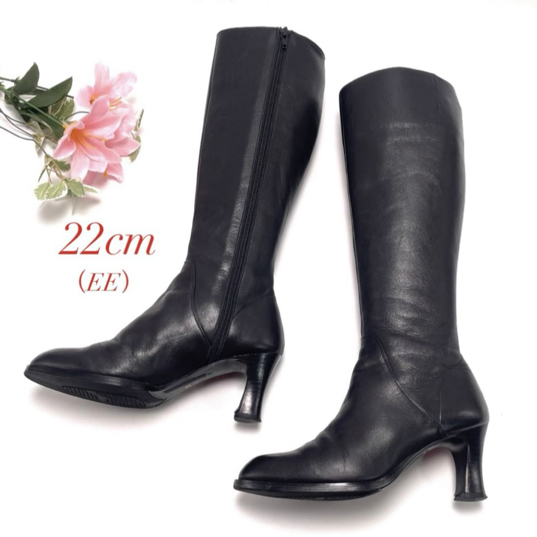 ロングブーツ ブラック 黒 無地 レザー プレーン シンプル 22cm EE サイドファスナー サイドジッパー サイドジップ レディース拍卖