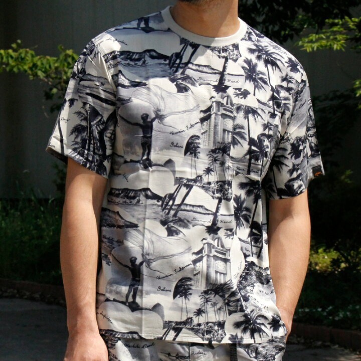 IOLANI×ROKX/イオラニ×ロックス/ALOHA TEE/アロハTシャツ/コラボ/アロハTシャツ/ハワイアン/レーヨン/L/滑らかとろみ素材/総柄拍卖