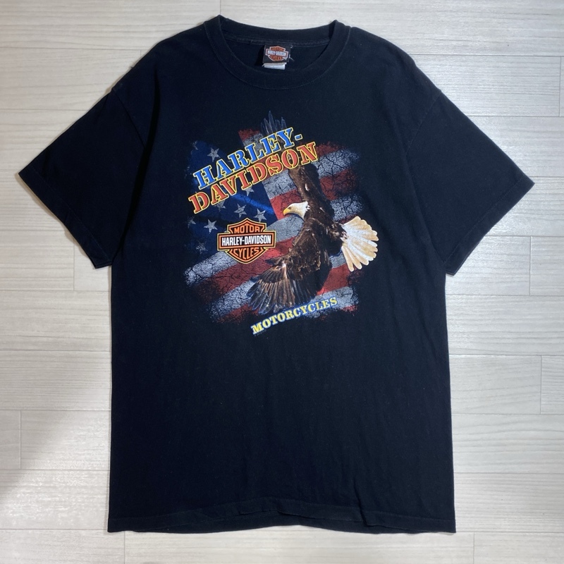 HARLEY DAVIDSON/ハーレーダヴィッドソン/USA製/両面プリント/イーグル×星条旗プリント/半袖Tシャツ/ブラック/Lサイズ拍卖