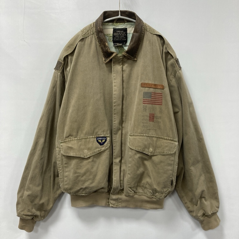 AVIREX/アヴィレックス/90s前後/A-2 フライトジャケット/U.S.ARMY/ガール×星条旗プリント/襟レザー切替/裏地マッププリント/ヴィンテージ拍卖