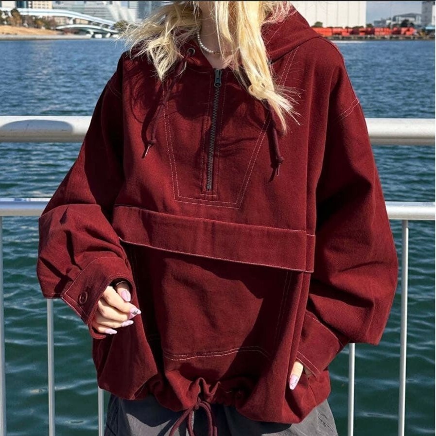 sedacle/ゼダクル/配色ステッチアノラックパーカー/ハーフジップ/カンガルーポケット/ドローコード/韓国ストリート/ユニセックス/JKT拍卖