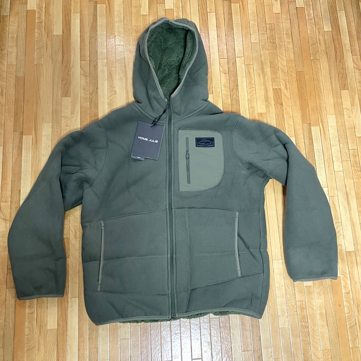 新品1386 英国HOME JULIE 極厚超防寒フリースフード付き 緑 L拍卖