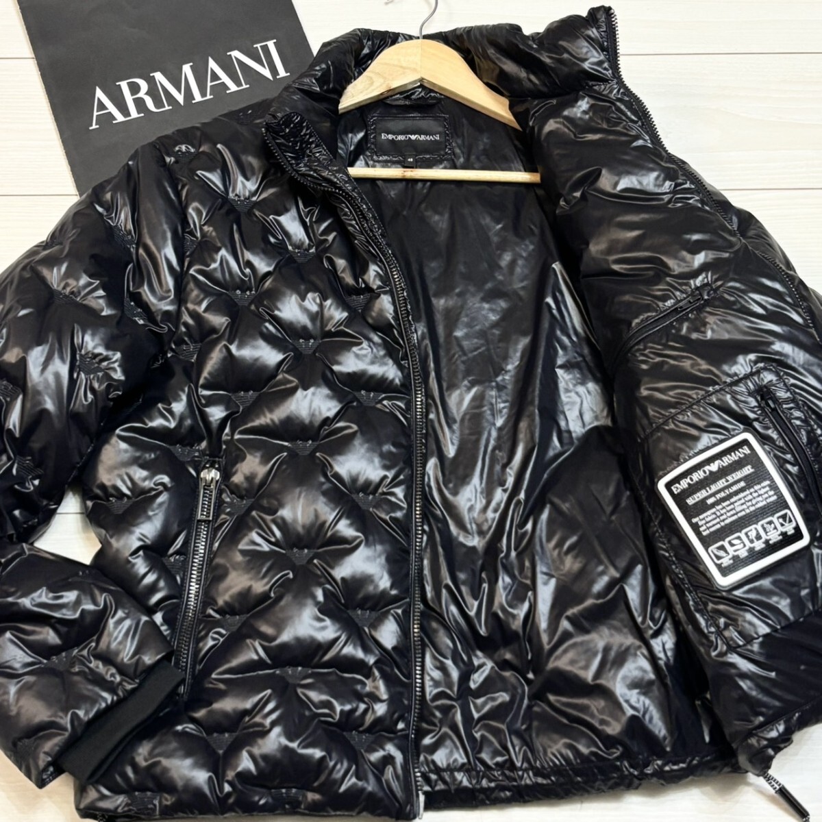 極美品/L(48)サイズ●EMPORIO ARMANI エンポリオアルマーニ ロゴエンボス ダブルジップ ダウンジャケット ブラック キルティング アウター拍卖