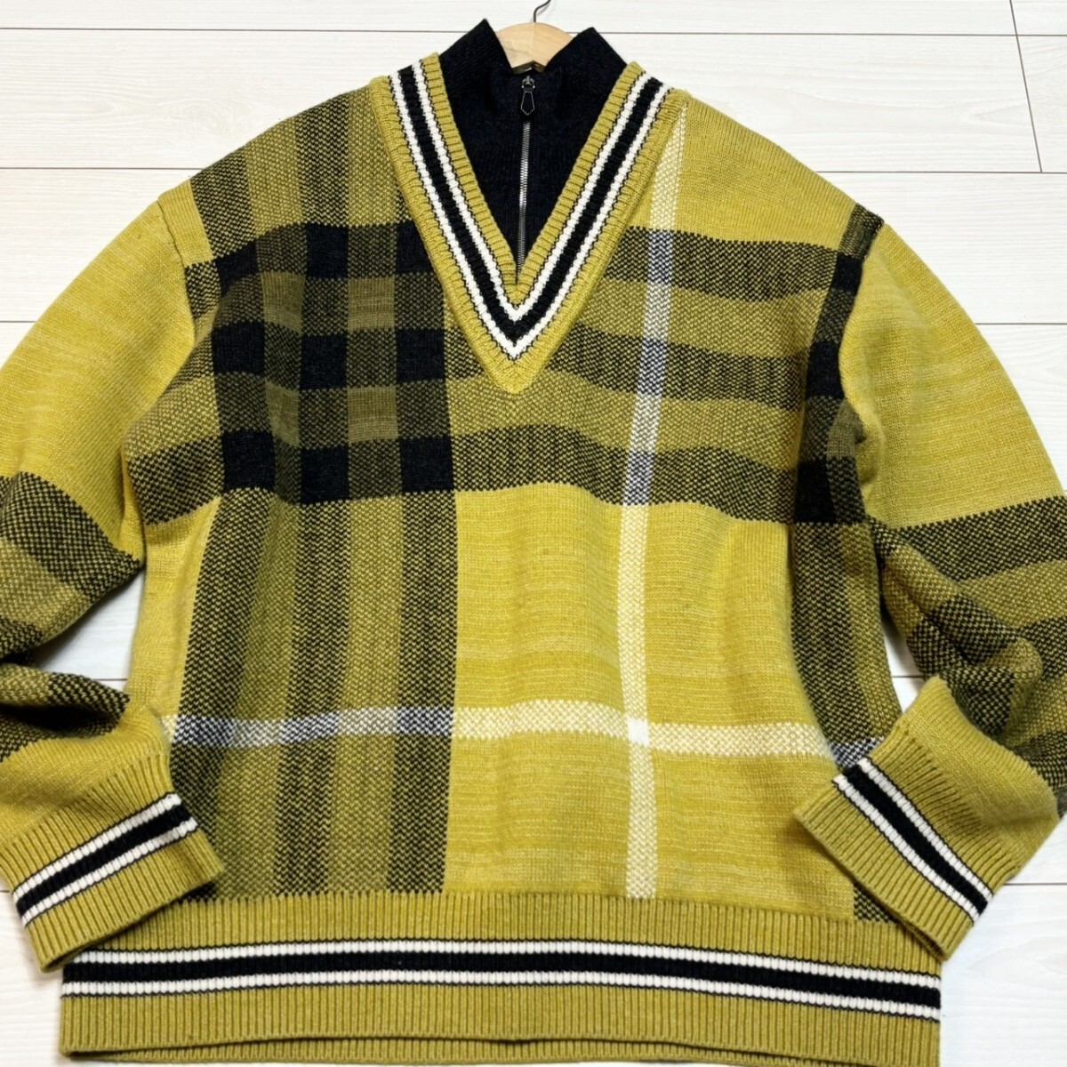 極美品/XLサイズ●BURBERRY バーバリー Vネック ハーフジップ カシミヤ ファネルネック レイヤード セーター ジャカード織 ノバチェック拍卖