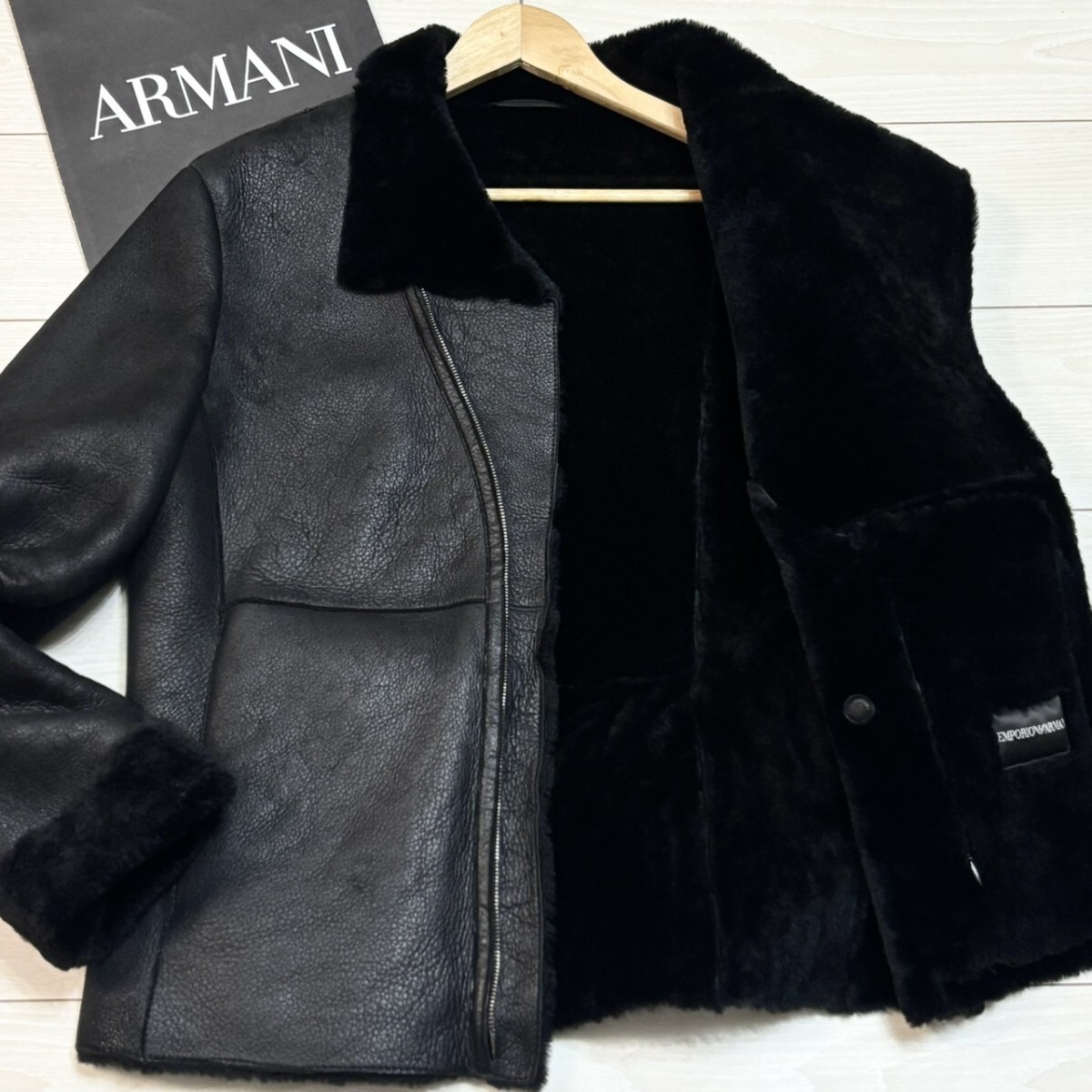 極美品/XL(50)サイズ●EMPORIO ARMANI エンポリオアルマーニ ラムスキン ジャケット ビロード付き襟 変形ジップアップ ブラックアウター拍卖