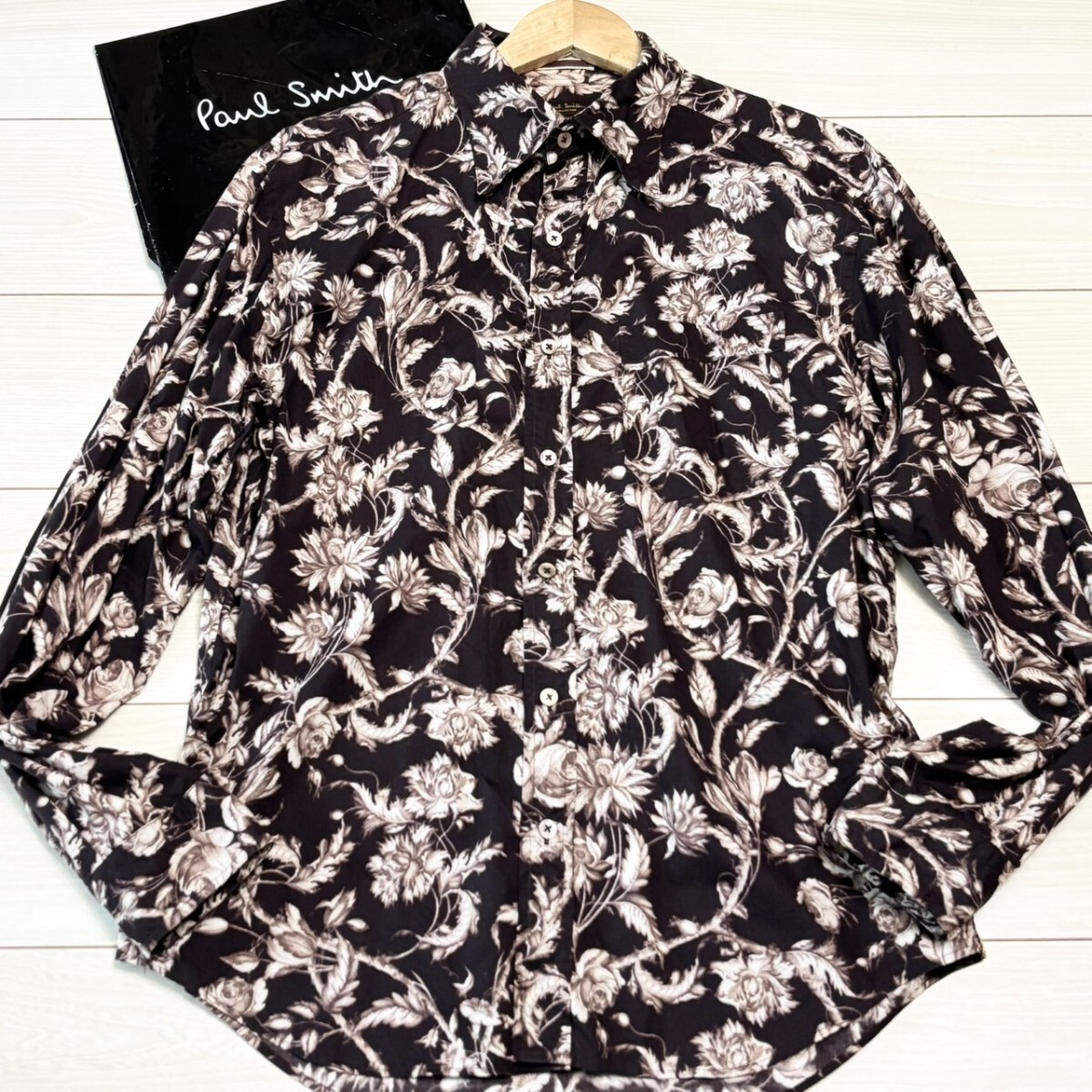 未使用級/XLサイズ●Paul Smith COLLECTION ポールスミス 長袖シャツ 薔薇 花柄 フラワー ボタニカル 総柄 ブラウン ベージュ トップス拍卖
