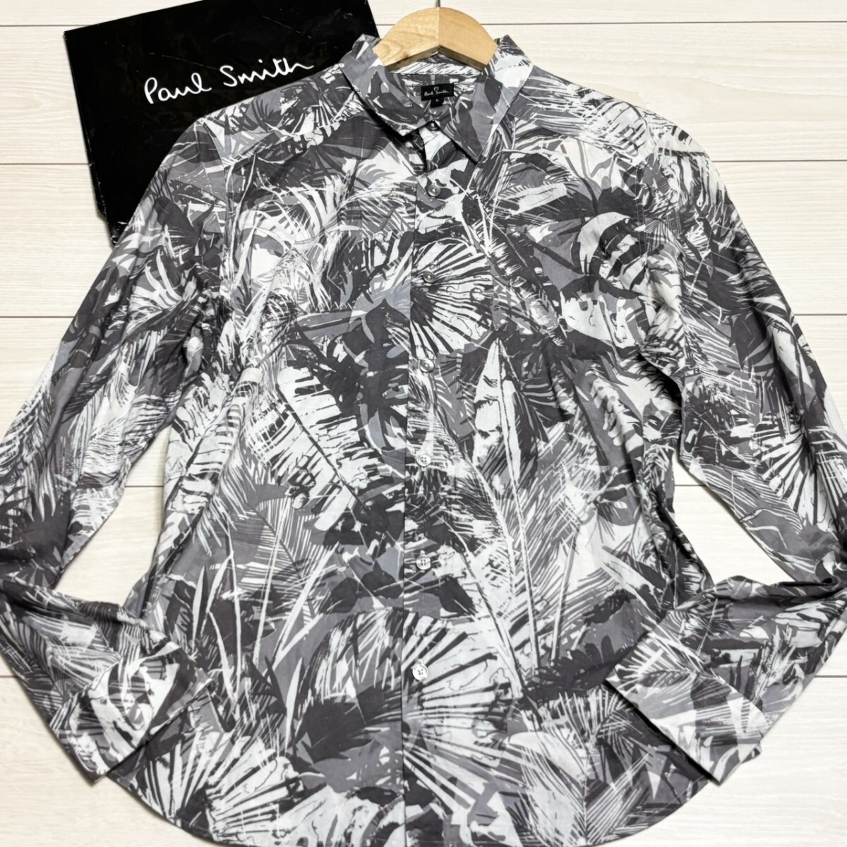 極美品/Lサイズ●PS Paul Smith ピーエスポールスミス リーフ柄 長袖シャツ ボタニカル柄 総柄 コットン100% グレー メンズ トップス拍卖
