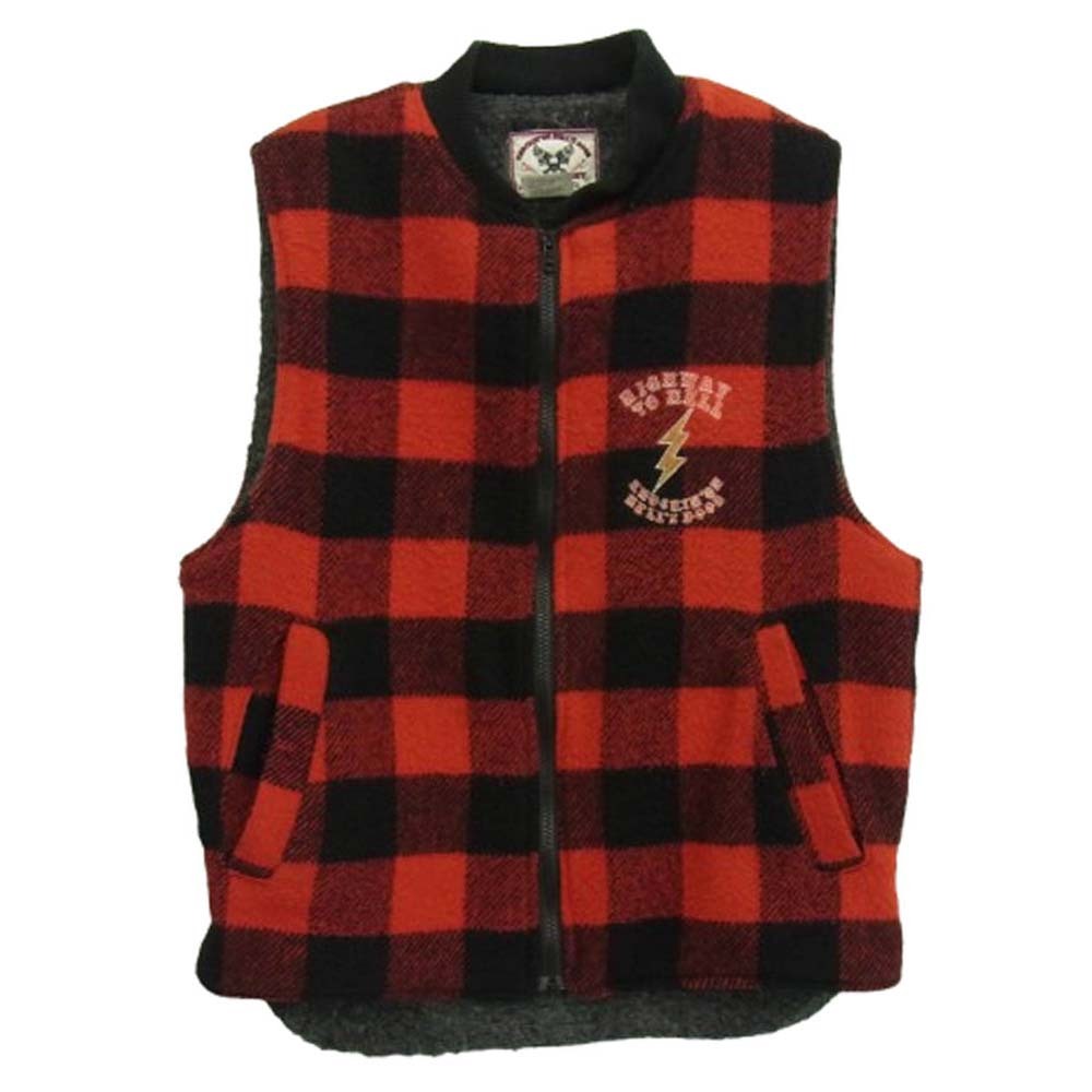 SKULL FLIGHT スカルフライト × FREE RIDE 刺繍 プリント ブロックチェック ボアライナー付 ウールベスト レッド系 S【中古】拍卖