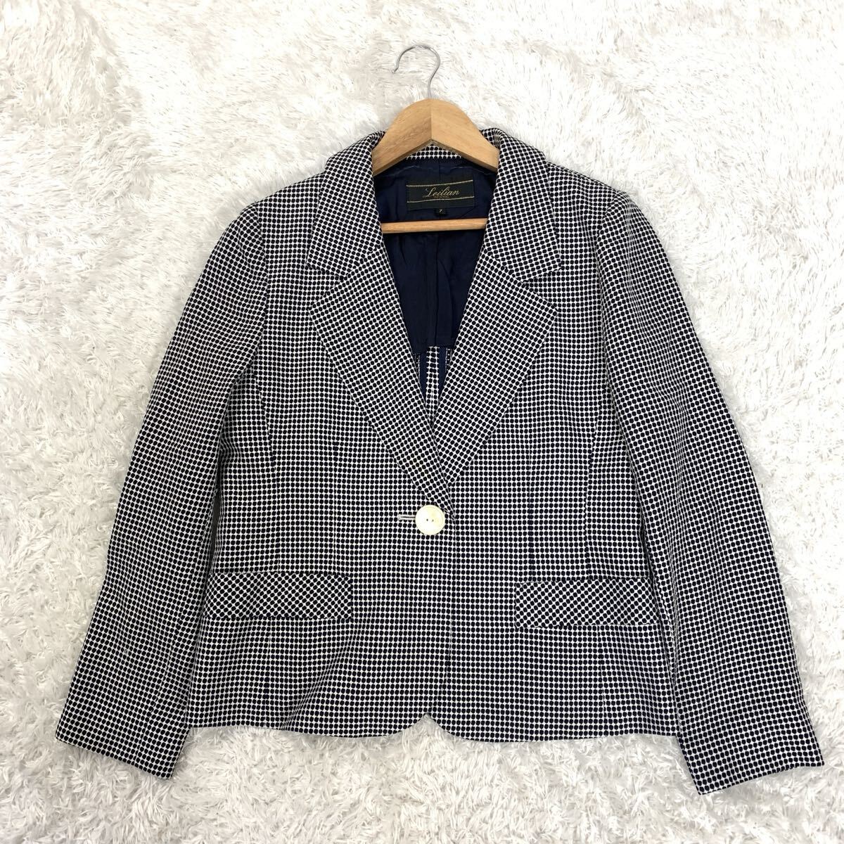 Leilian レリアン 長袖ジャケット テーラードジャケット ブレザー 総柄 ブラック グレー ウール シルク 7 YA220拍卖