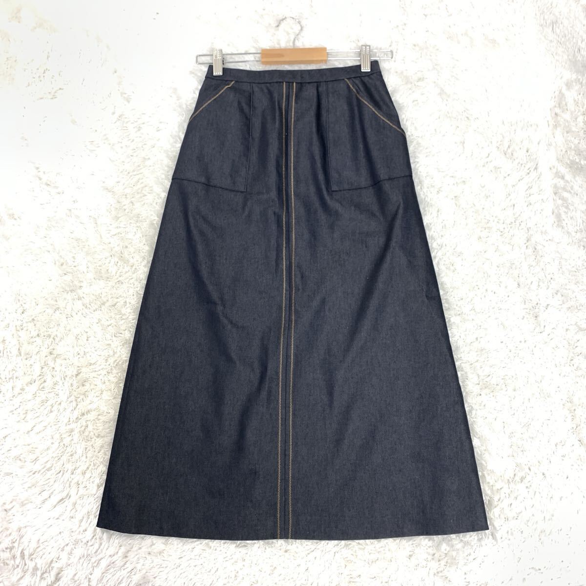 Leilian レリアン スカート ロングスカート フレアスカート 紺 ネイビー コットン ポリエステル ポリウレタン 9 YA228拍卖