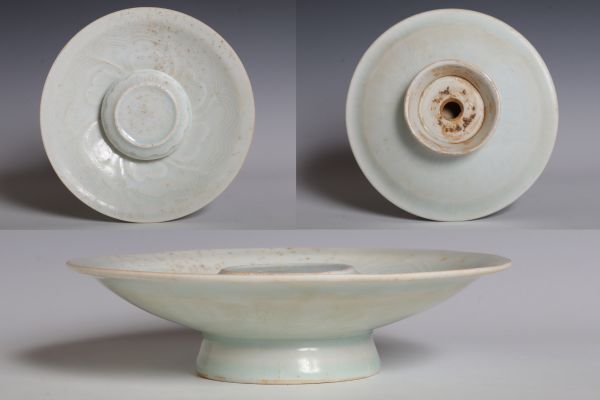 N26126 中国陶器 影青 青白磁陰陽刻花文杯台 茶道具 煎茶 酒器 検:白磁 白瓷 影青 湖田窯影青 宋代 中国 古玩 唐物拍卖