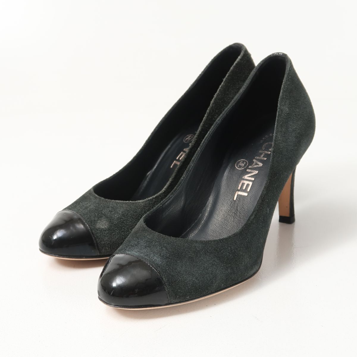 GS4001▲イタリア製 CHANEL シャネル CC ココマーク スエードレザー パテントレザー キャップトゥ パンプス サイズ35C/約22cm相当 靴拍卖