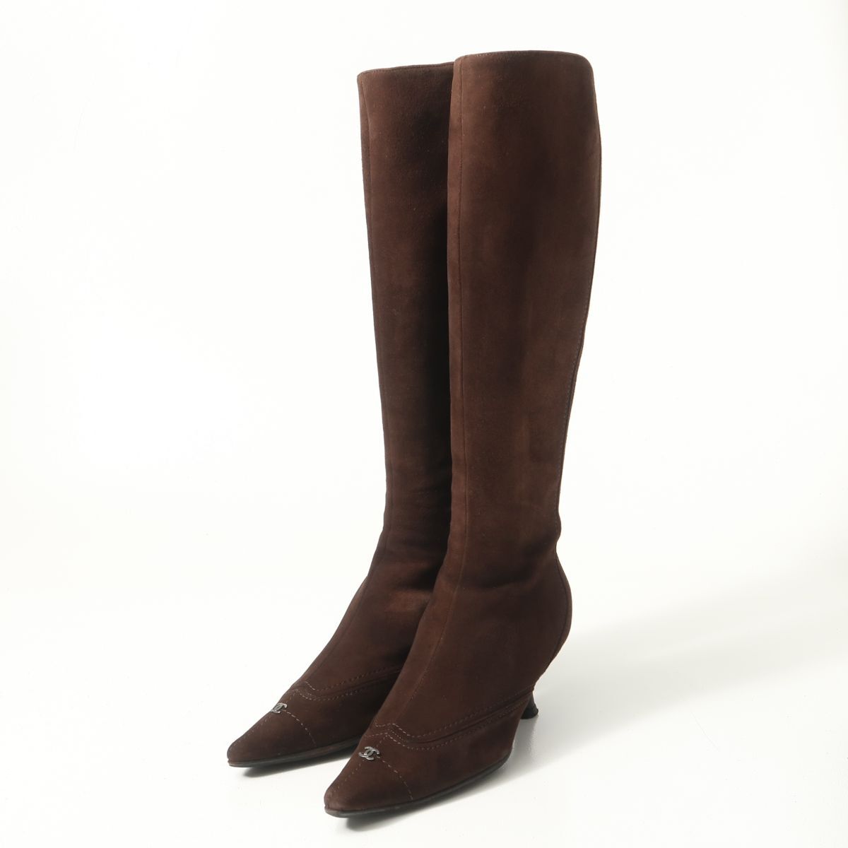 GR6587▲イタリア製 CHANEL シャネル CC ココマーク スエードレザー ポインテッドトゥ ロングブーツ サイズ34.5C/約22cm相当 靴 ブラウン拍卖