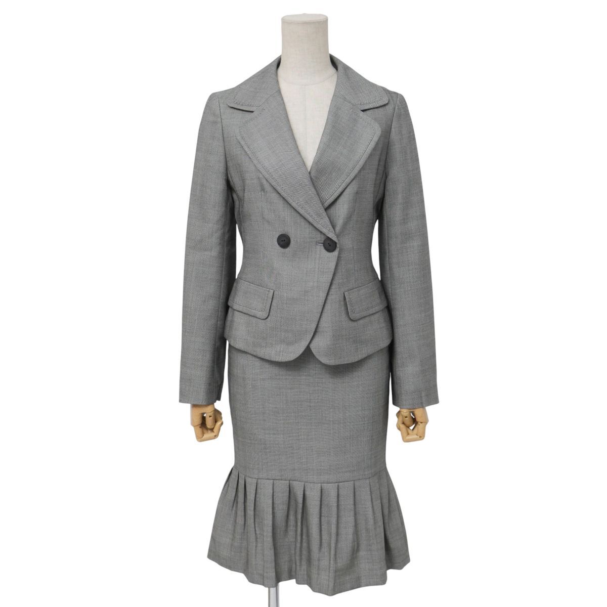 MI2091☆ランバン LANVIN COLLECTION セットアップ スカートスーツ ダブルブレストジャケット+タイトスカート シルク混 グレー系 36/38拍卖