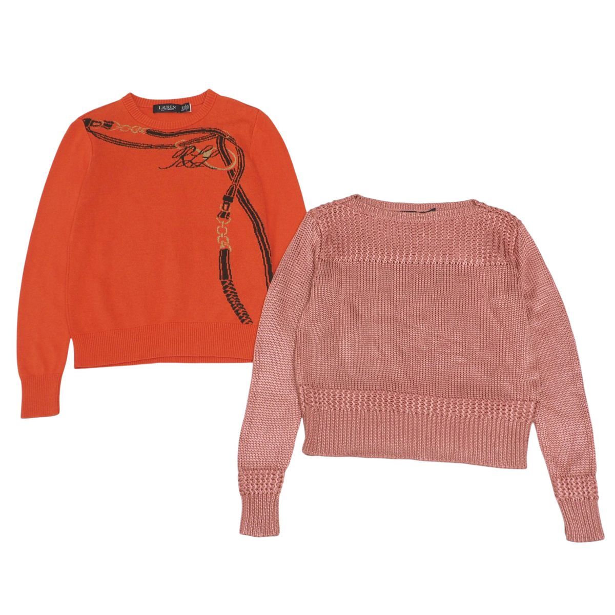 TJ3267☆2点セット ローレン ラルフローレン LAUREN RALPH LAUREN ニット セーター 長袖 クルーネック オレンジ/ピンク XS拍卖