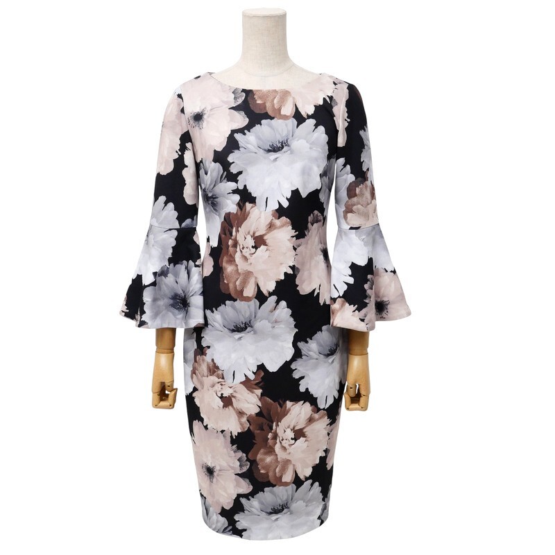 GS3858*Calvin Klein カルバンクライン 花柄 フラワープリント フレアスリーブ ワンピース ドレス Size 2 ブラック系拍卖