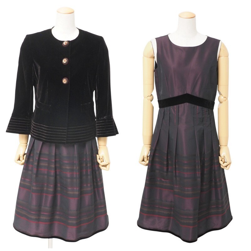 MI1931□ランバン コレクション/LANVIN COLLECTION セットアップ 7分袖 ベロア ジャケット + シルク混 ノースリーブ ワンピ―ス サイズ38拍卖