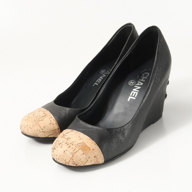 MI1973△伊製 CHANEL シャネル レザー×コルク CC ココマーク ウェッジソール パンプス 靴 G28179*バイカラー ブラック系 37.5/24.0cm相当拍卖