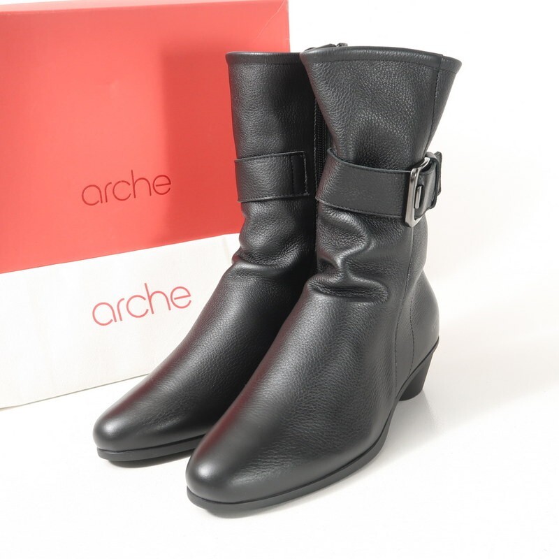 MI2157△arche アルシュ レザー ミドルブーツ サイドファスナー バックルベルト ショートブーツ 靴 ブラック サイズ37/23.5cm相当 箱付き拍卖