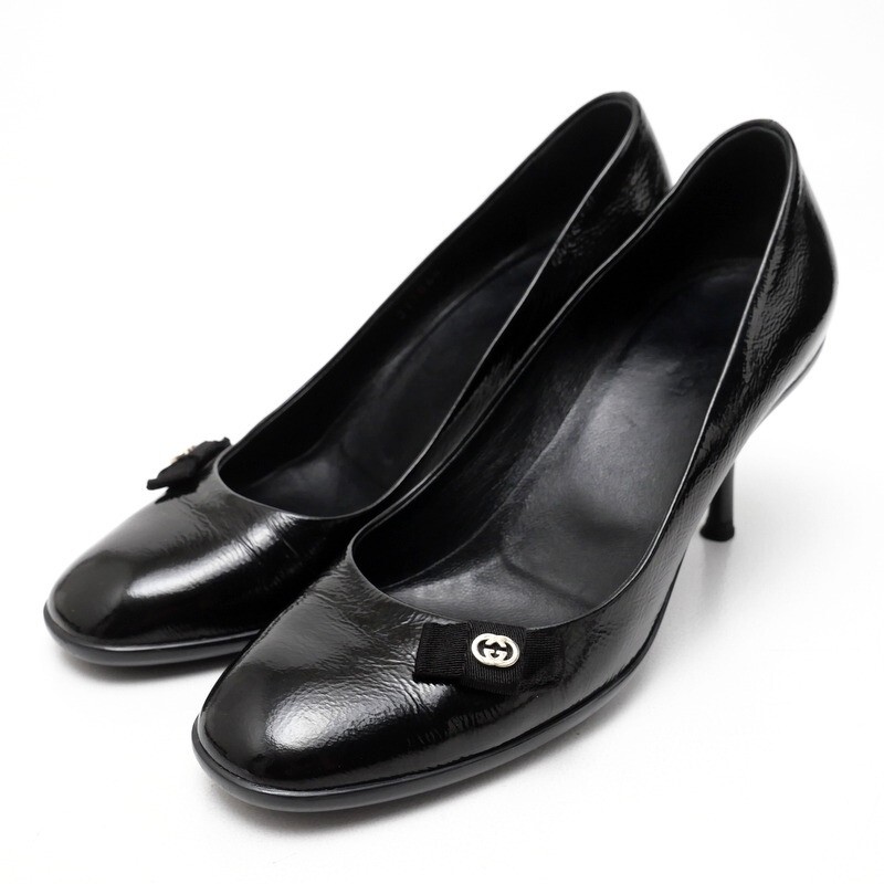 MI2380*イタリア製 GUCCI グッチ Size 36.5 ダブルG GGロゴ リボン パテントレザー パンプス 靴 ブラック拍卖