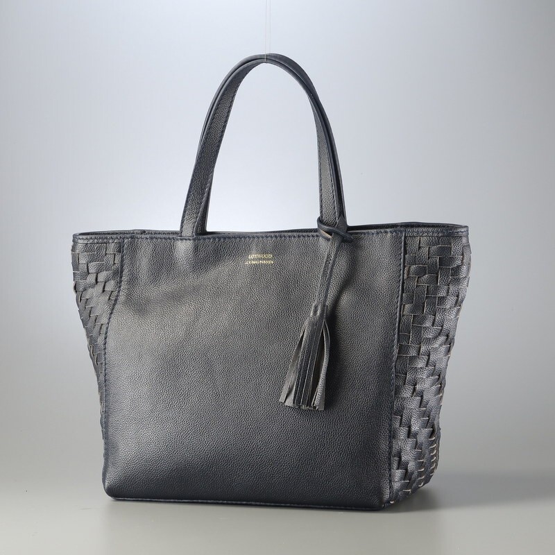 MI2236*LOXWOOD ロックスウッド レザートートバッグ タッセルチャーム メッシュ切替 編み込み 鞄 ネイビー拍卖