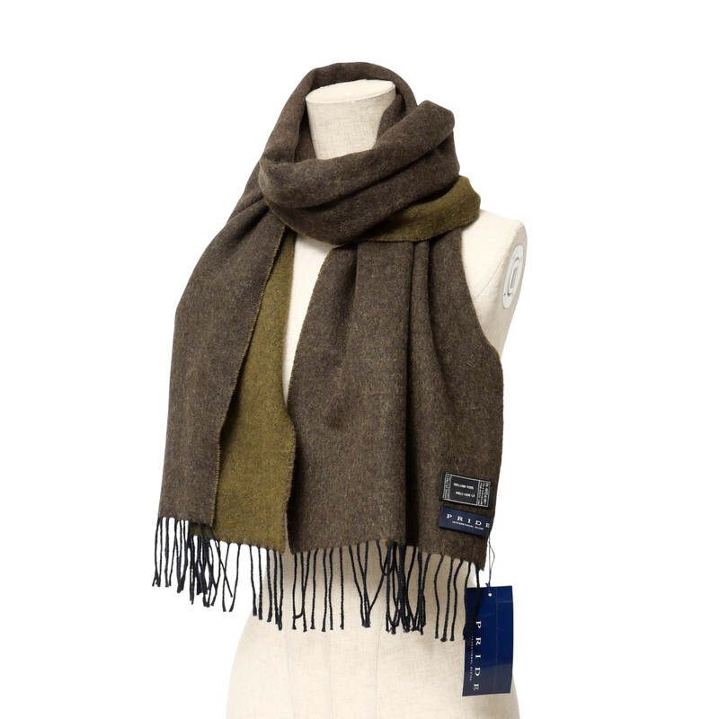 GS1177*《未使用》イタリア製 PRIDE プライド ウールマフラー ストール フリンジ カーキ系拍卖