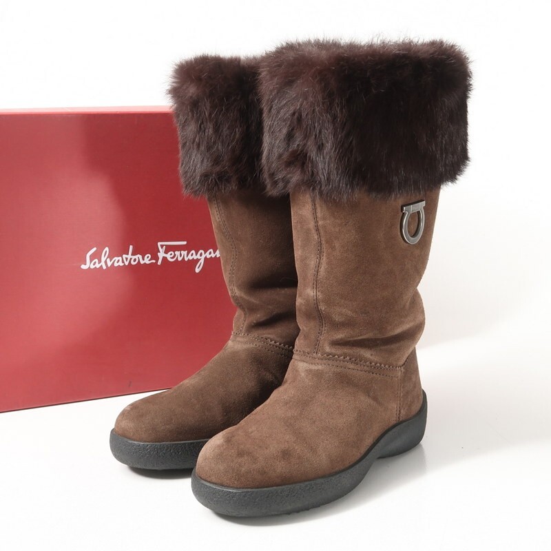 MH8860▼伊製*サルヴァトーレフェラガモ*ガンチーニ ラビットファー装飾 スエードレザー ボア ミドルブーツ 靴 6M(23.0cm相当) ブラウン系拍卖