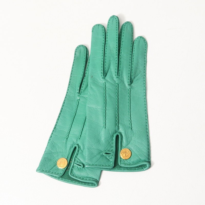 GS3536▼フランス製*エルメス/HERMES*レザーグローブ 手袋 ロゴ セリエボタン グリーン拍卖
