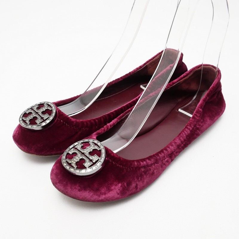 MI2269*TORY BURCH トリーバーチ 6M(23cm相当) ベルベット バレエシューズ フラットパンプス ダブルT ラインストーン装飾 靴 ボルドー拍卖