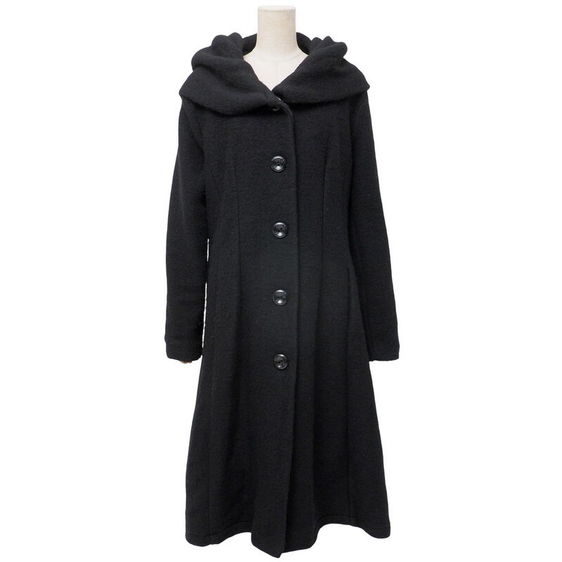 TJ5915#イタリア製*フーディロングウールコート*フード着脱不可*長袖*アウター*冬*ブラック系*XLサイズ相当拍卖