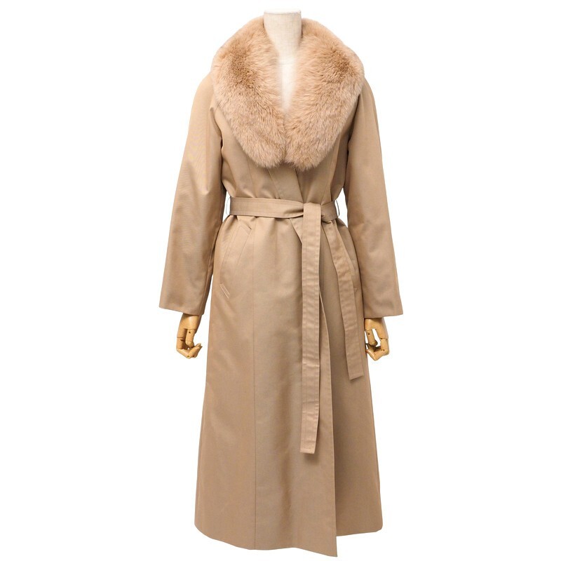 MI2237#フォックスファー付きロングコート*トーマスメイソン製生地*ファーライナー付き*リアルファー*本毛皮*ベージュ系*サイズ11拍卖