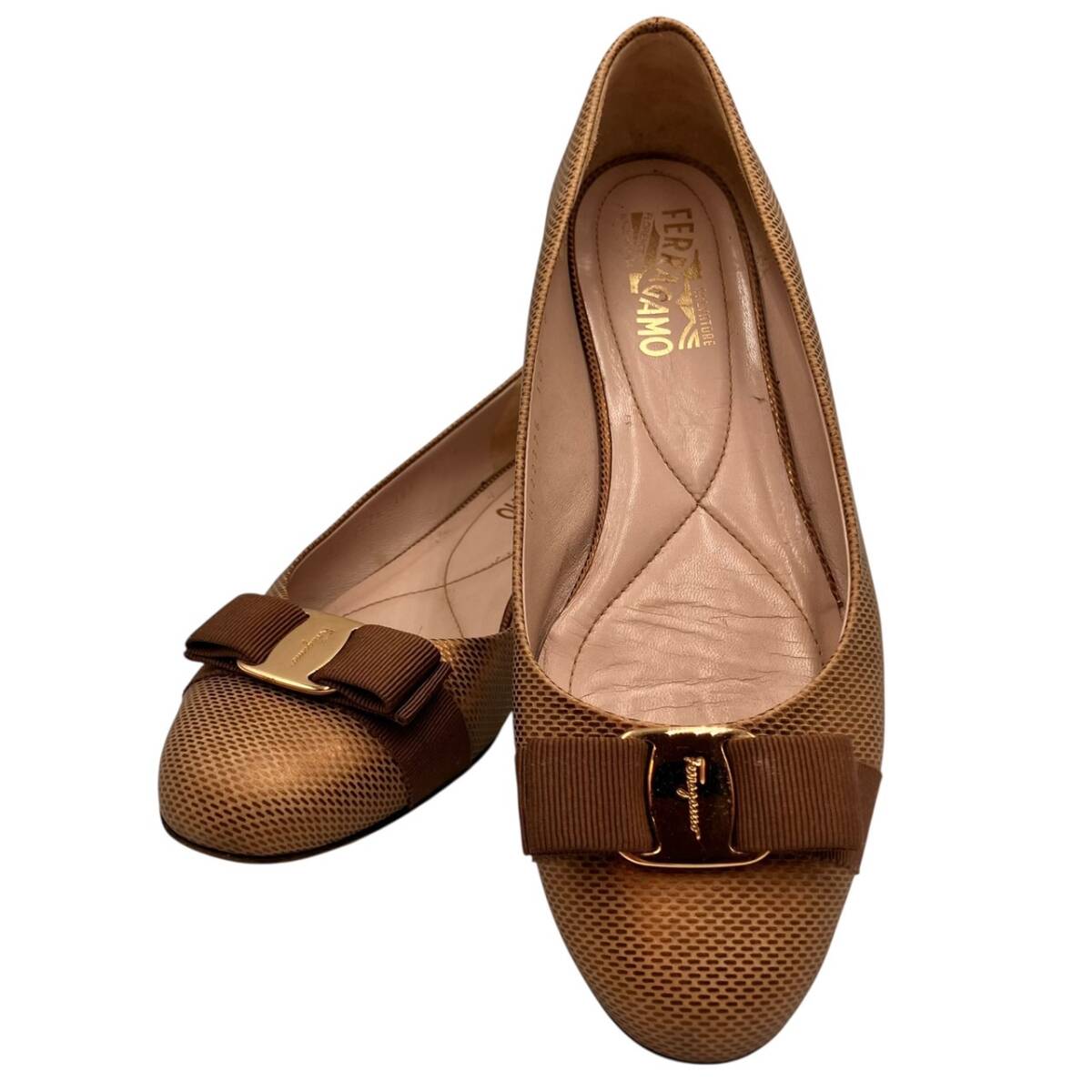 Salvatore Ferragamo フェラガモ パンプス ヴィラリボン ゴールド金具 ブラウン 8 レディース拍卖
