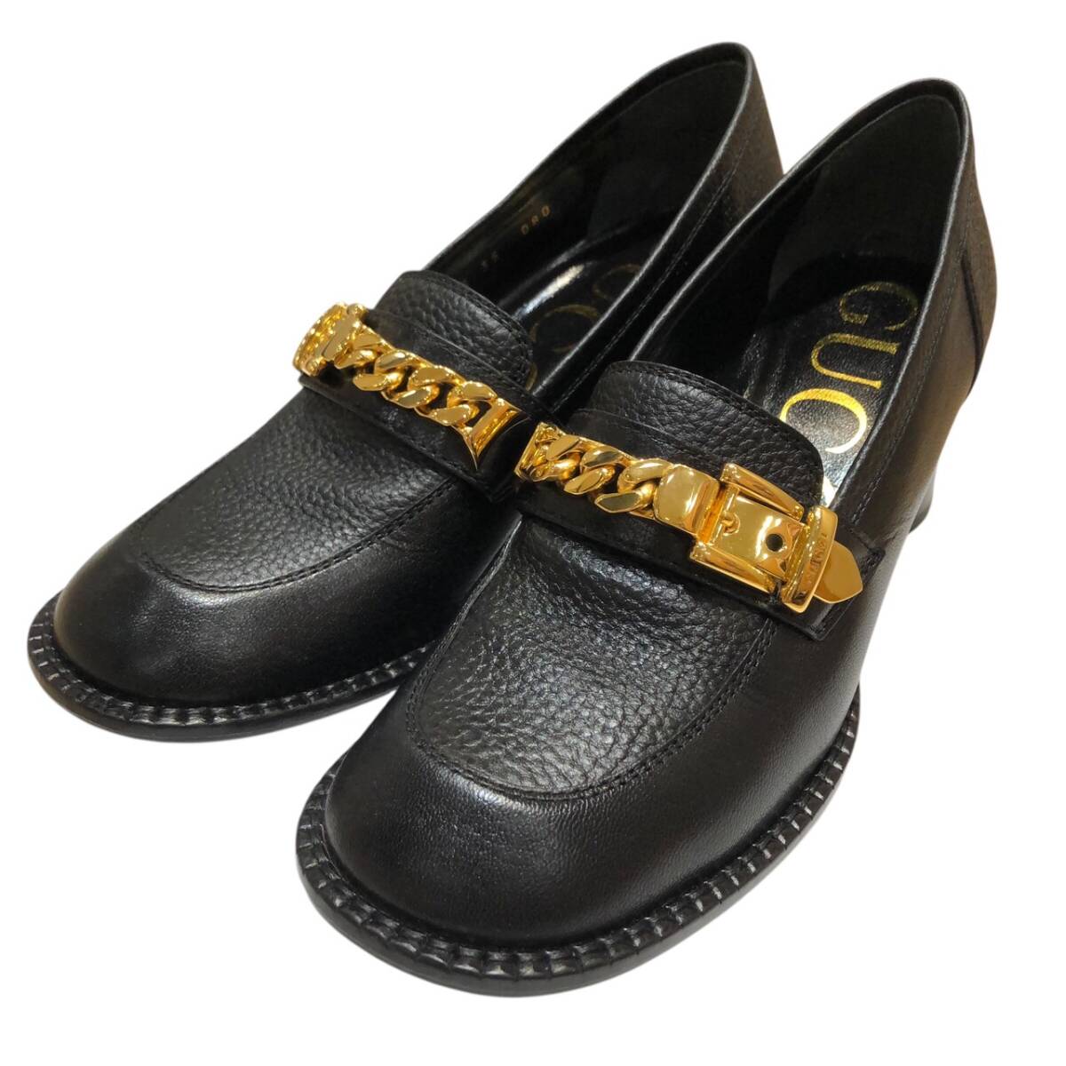 GUCCI グッチ チェーン レザー ミッドソール ヒール ローファー 626594 サイズ35 黒×ゴールド金具拍卖